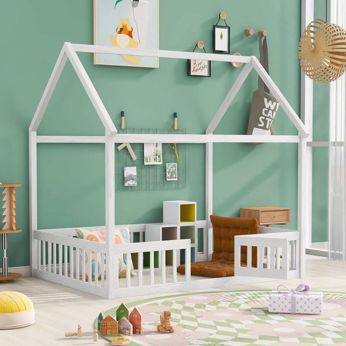 Full Size House Bed with Guard Rails and Gate