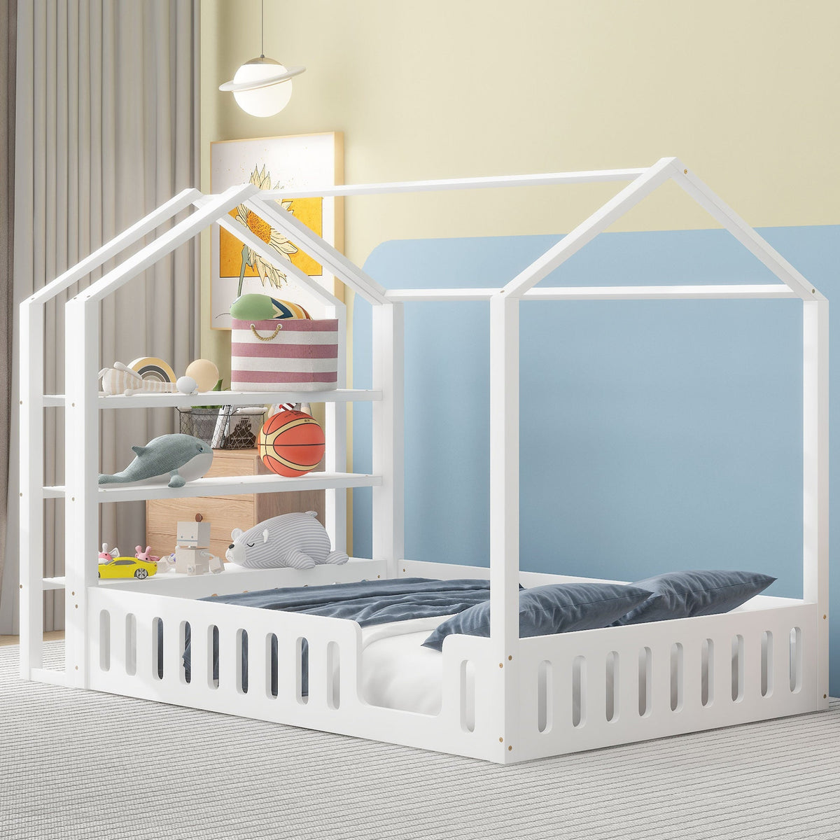 Full Size House Bed for Kids with Fence and Storage