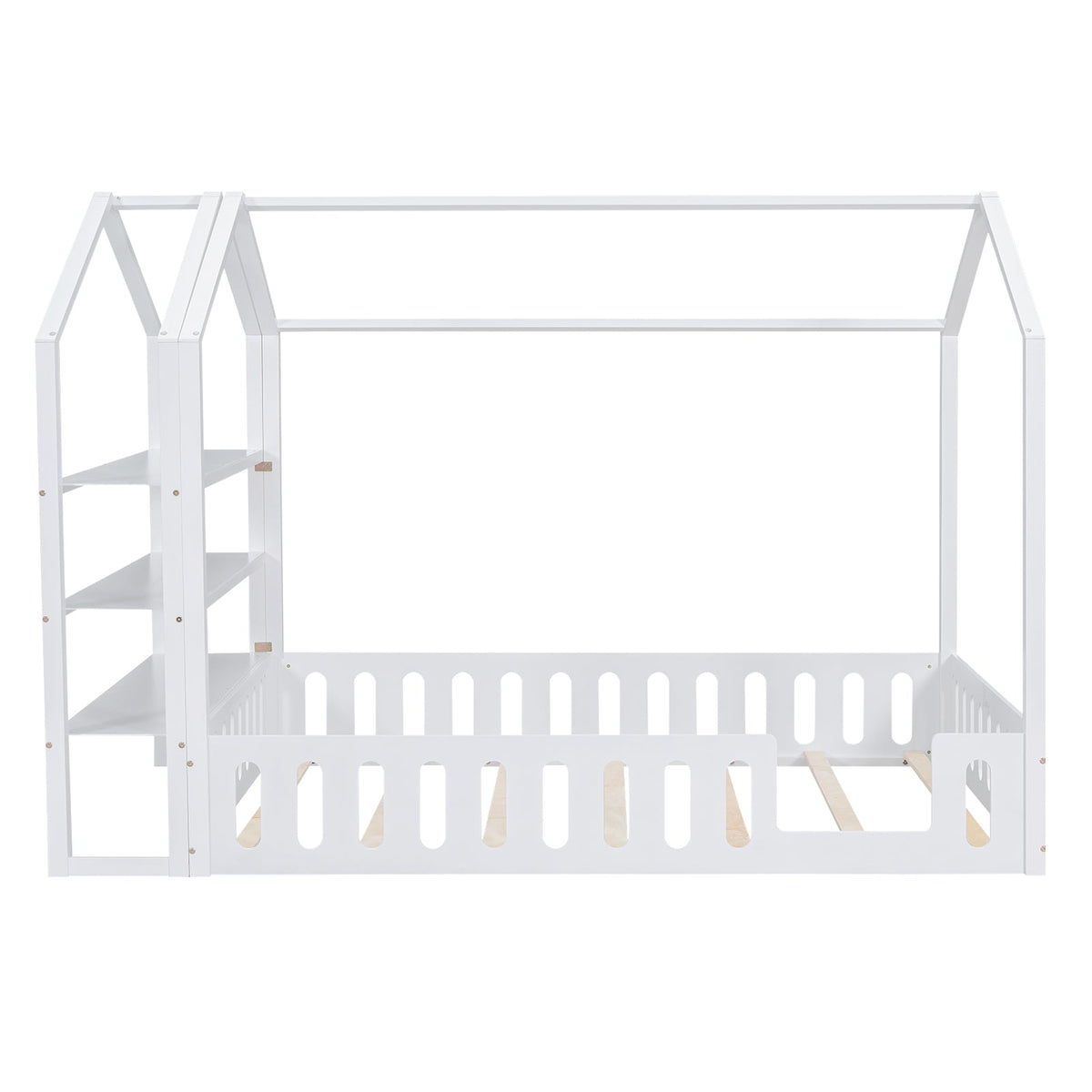 Full Size House Bed for Kids with Fence and Storage