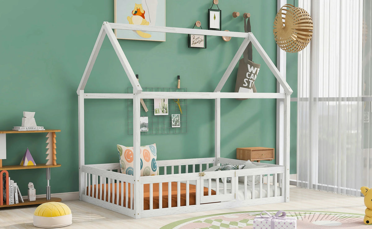 Full Size House Bed with Guard Rails and Gate