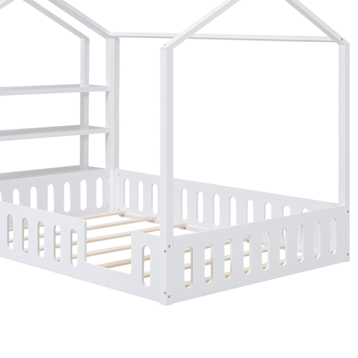 Full Size House Bed for Kids with Fence and Storage