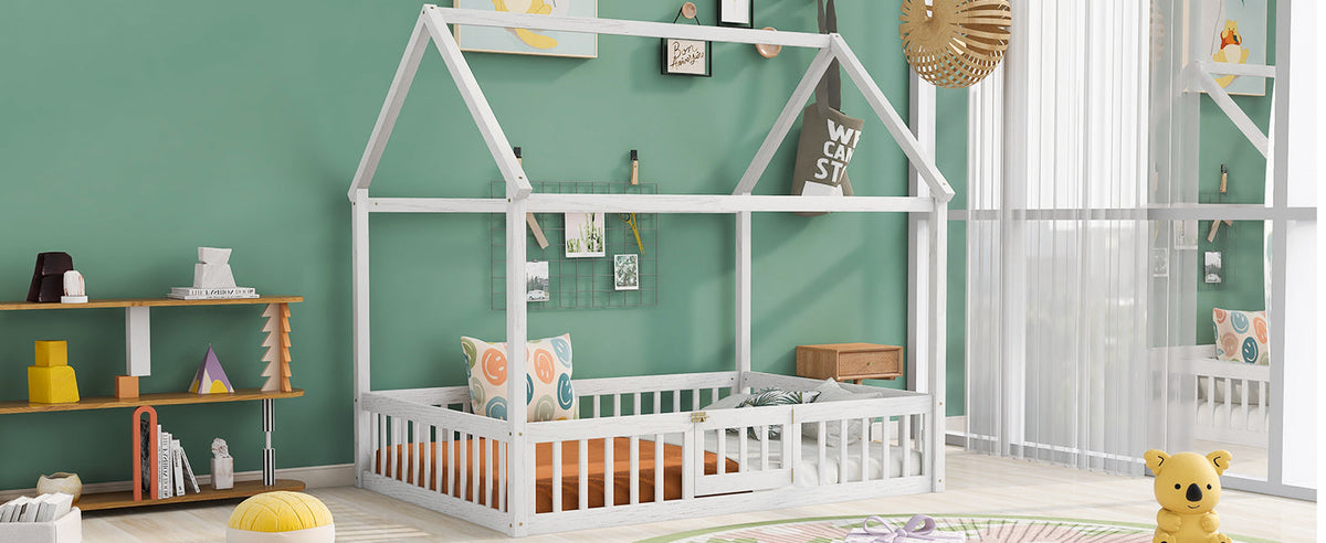 Full Size House Bed with Guard Rails and Gate