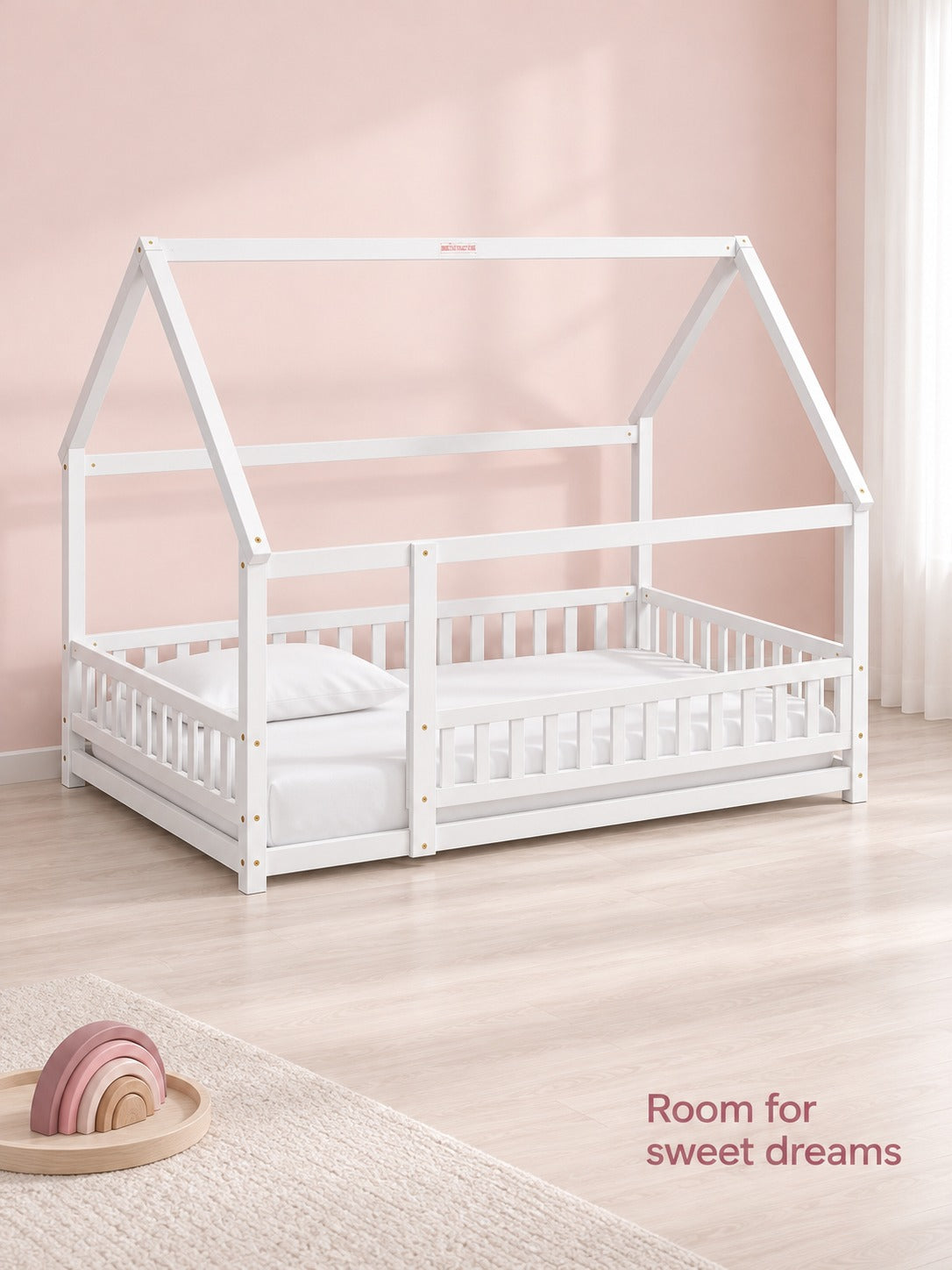 Full Size Wooden House Bed with Guardrails for Kids