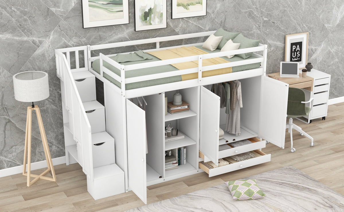 Loft Bed with Wardrobes and Drawers for Small Rooms