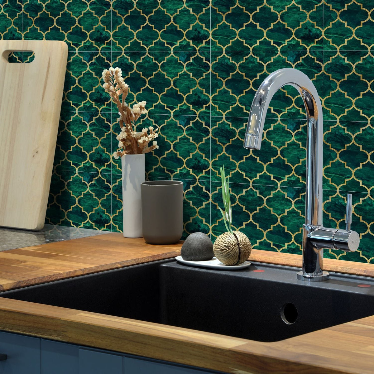 Wallpaper Sticker — Emerald And Gold Tiled Wall