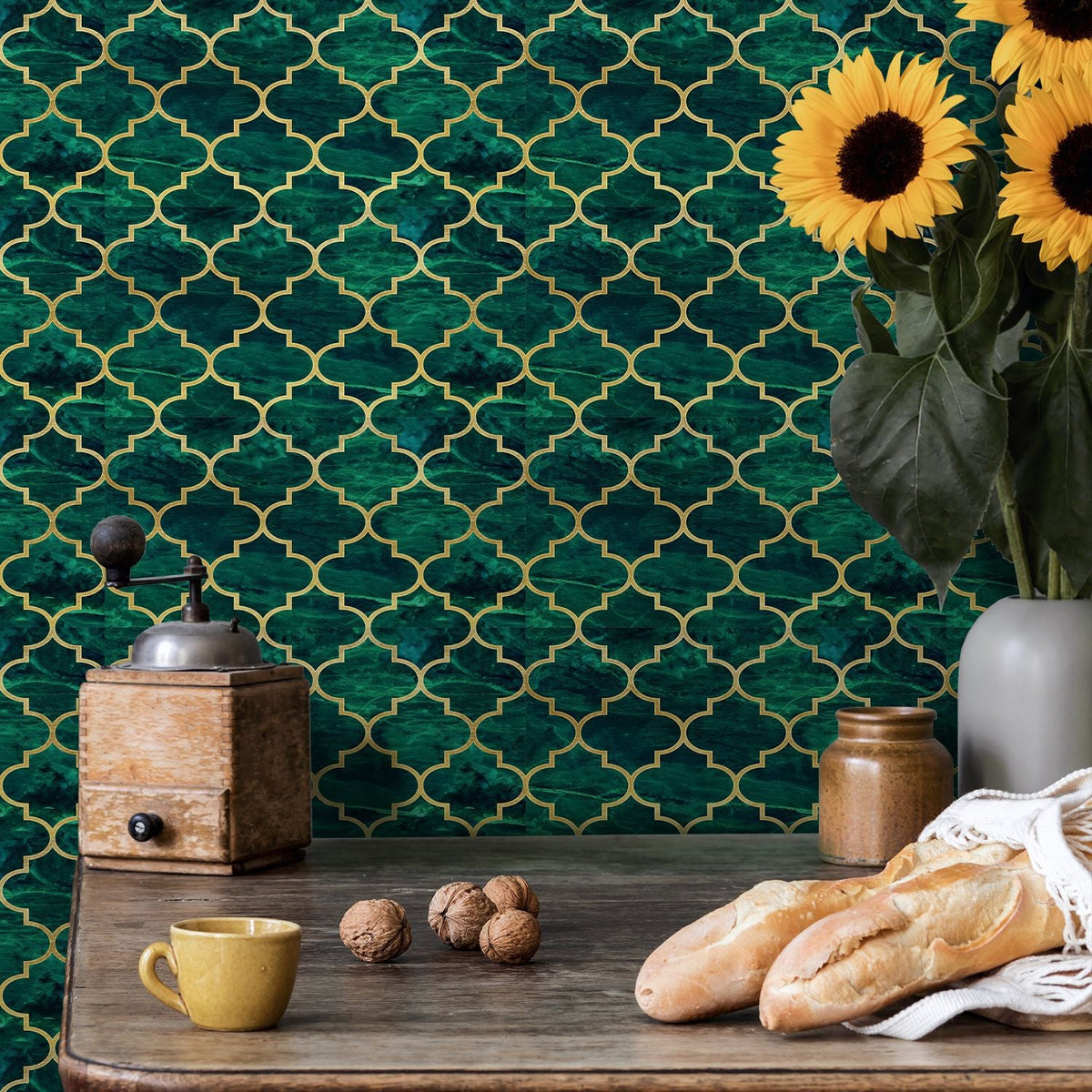 Wallpaper Sticker — Emerald And Gold Tiled Wall