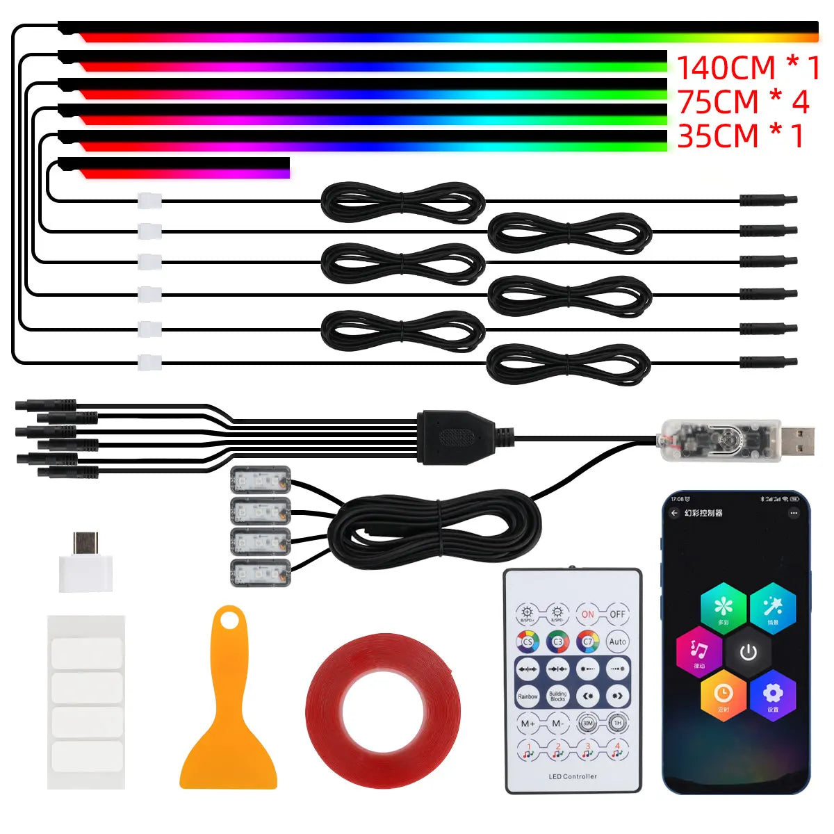 Car LED Strip Lights — Music-Sync Interior RGB, App +