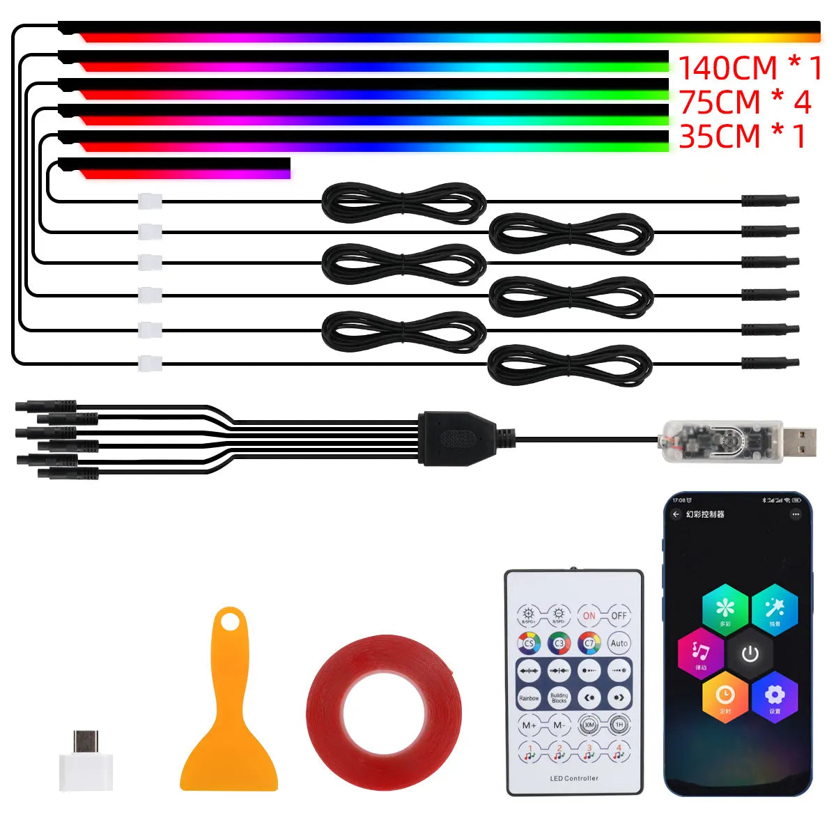 Car LED Strip Lights — Music-Sync Interior RGB, App +