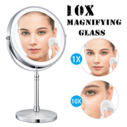 Primary product display showing single-sided 1X magnification mirror with LED ring light and magnification callouts demonstrating 1X and 10X zoom capabilities