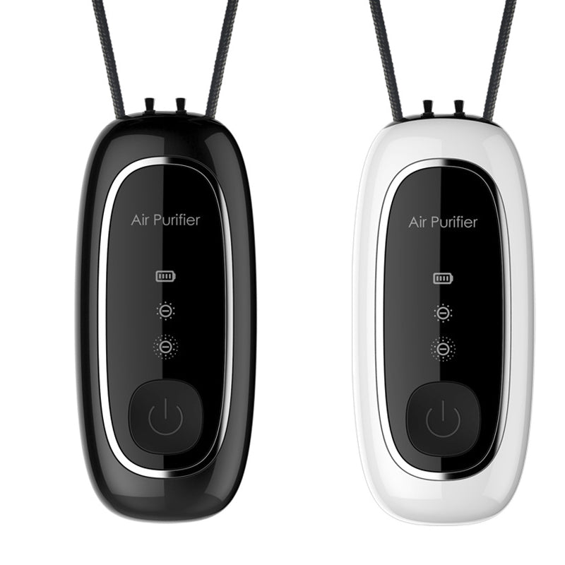 Portable air purifier in black and white color variants shown front-facing with nylon cord