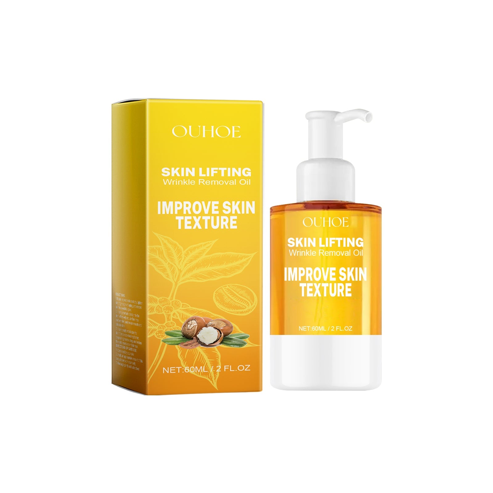 Product shot showing OUHOE Skin Lifting Wrinkle Removal Oil bottle and box side-by-side against white background