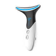 White and black EMS beauty device with blue LED accent, showing mode display and dual control buttons