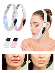 Woman wearing white V-face band device showing proper fit on chin and jawline with eyes closed, appearing relaxed