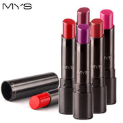MYS lipstick collection display with six tubes in varying shades from burgundy to neon pink with red cap shown separately