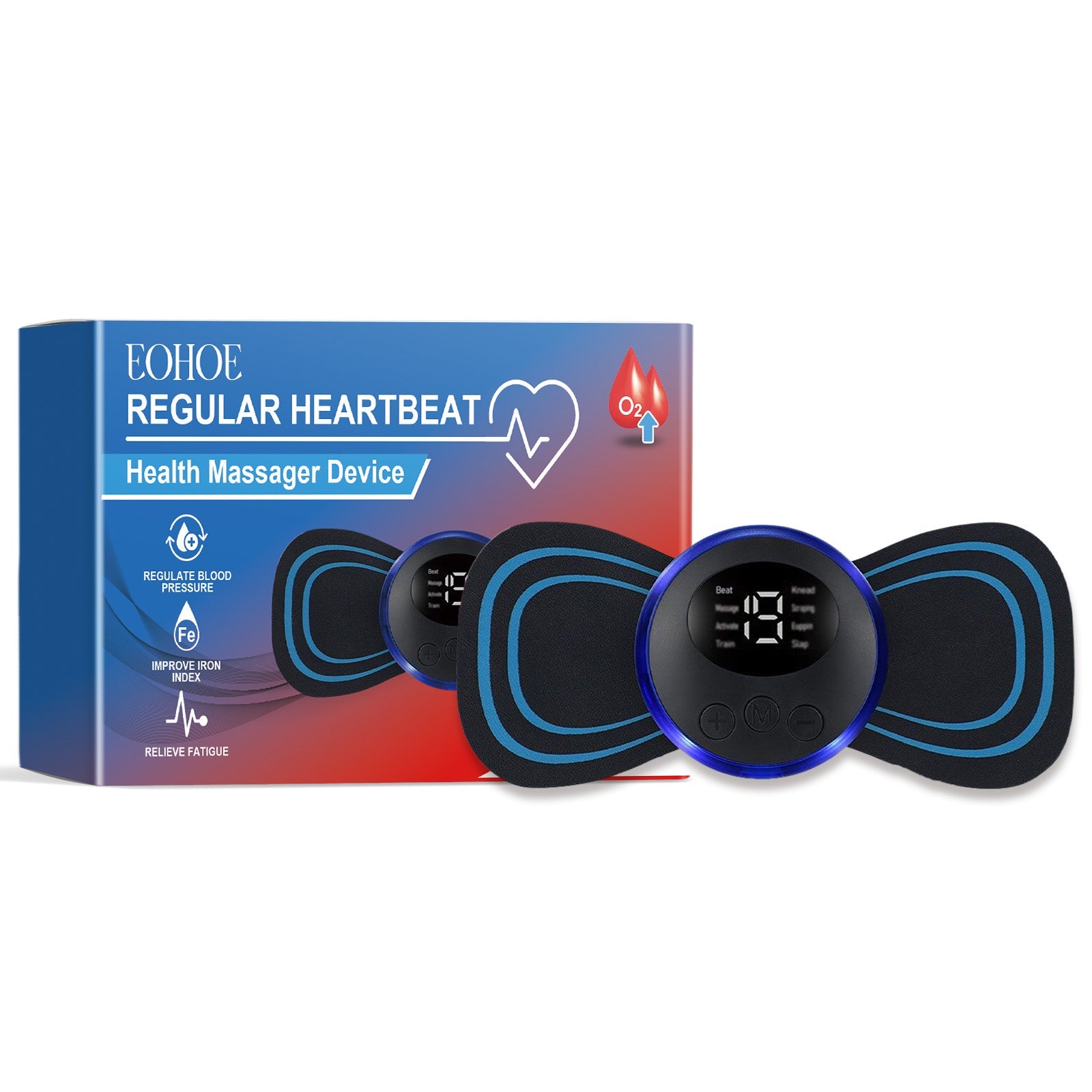 EOHOE Regular Heartbeat Health Massager Device with packaging showing three electrode pad units with digital display