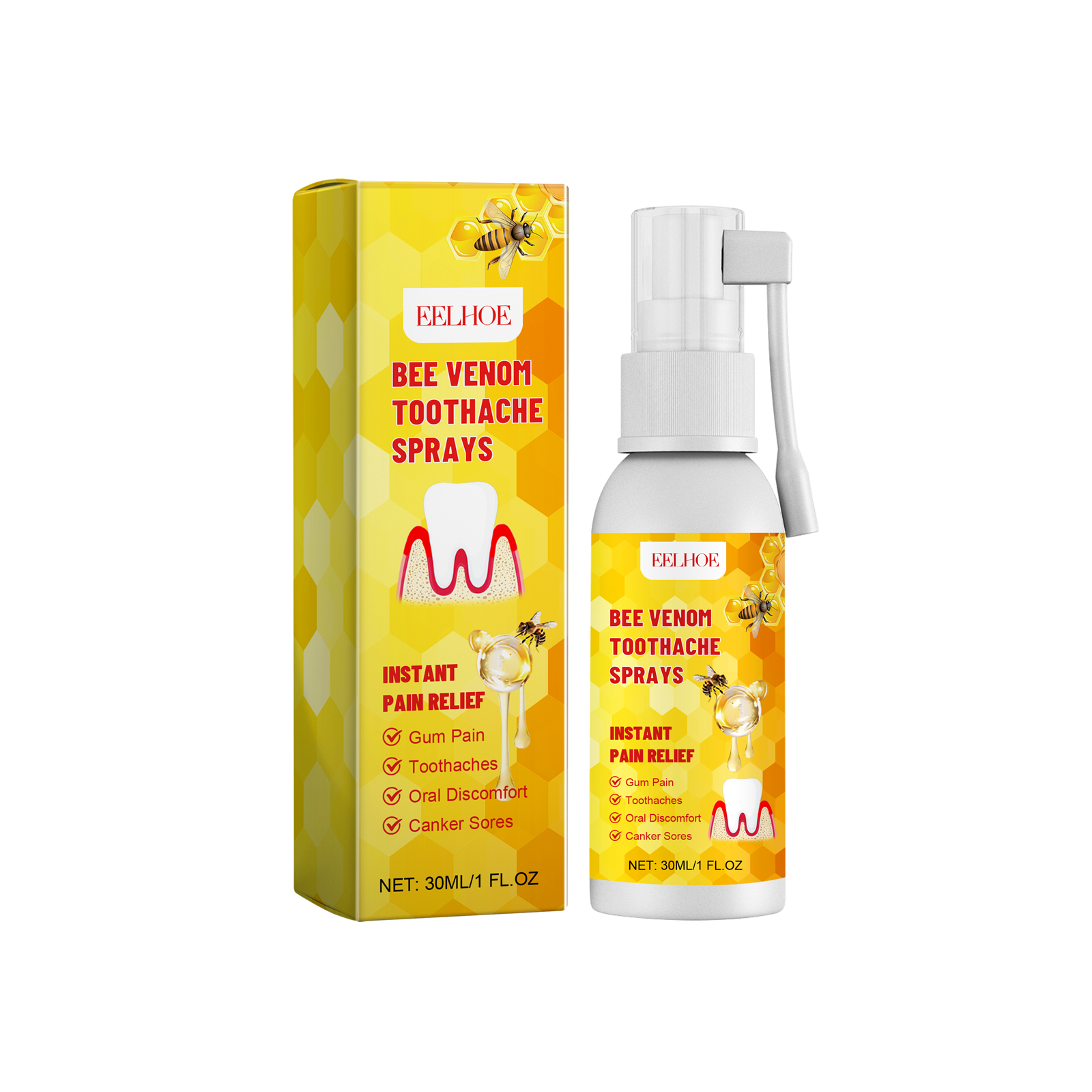 Product shot showing bee venom toothache spray bottle alongside vibrant yellow packaging box with bee and tooth graphics