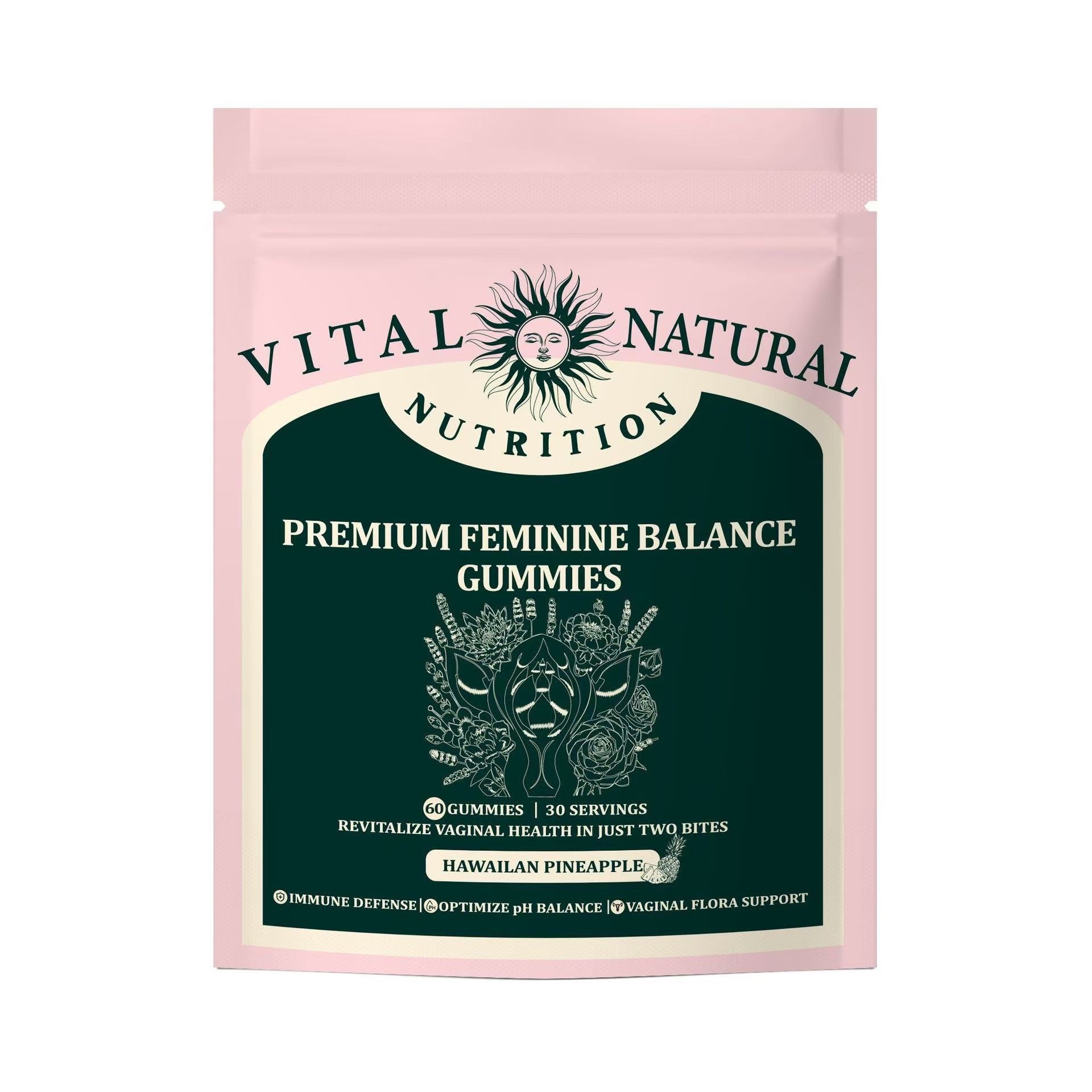 Front-facing pouch of Premium Feminine Balance Gummies in soft pink with forest green label panel featuring sun emblem and key benefit claims
