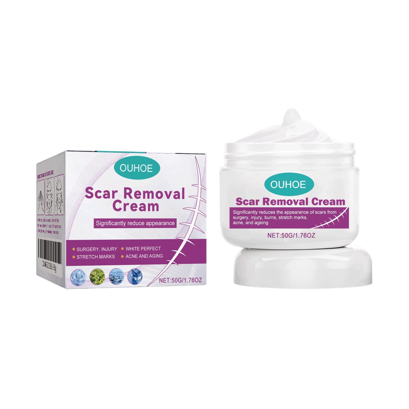 OUHOE Scar Removal Cream product packaging and jar shown side by side on clean white background