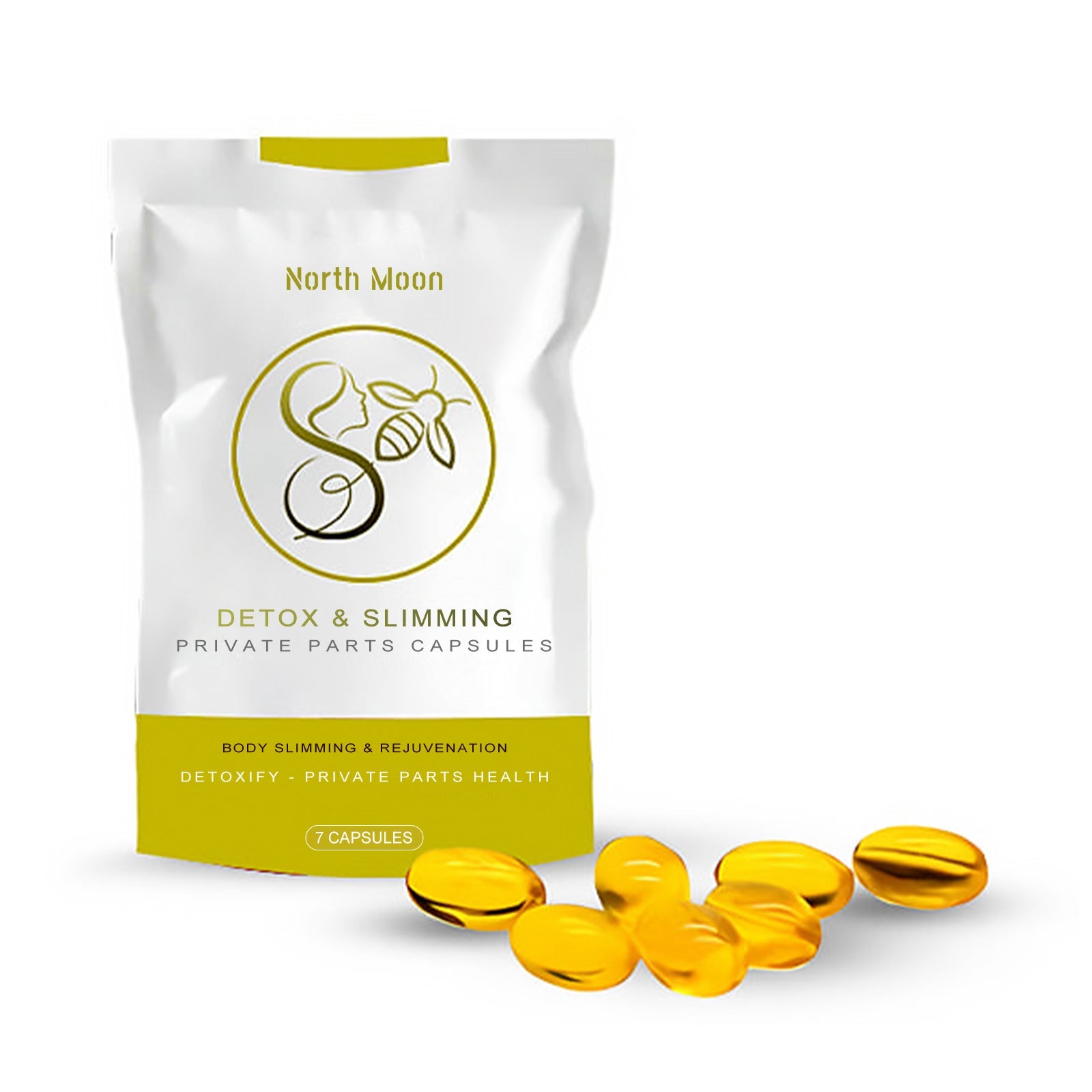 North Moon Detox & Slimming Private Parts Capsules pouch with 7 golden gel capsules displayed
