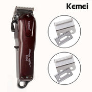 Kemei KM-2600 cordless hair clipper in deep burgundy with black handle guard and two interchangeable blade guards shown