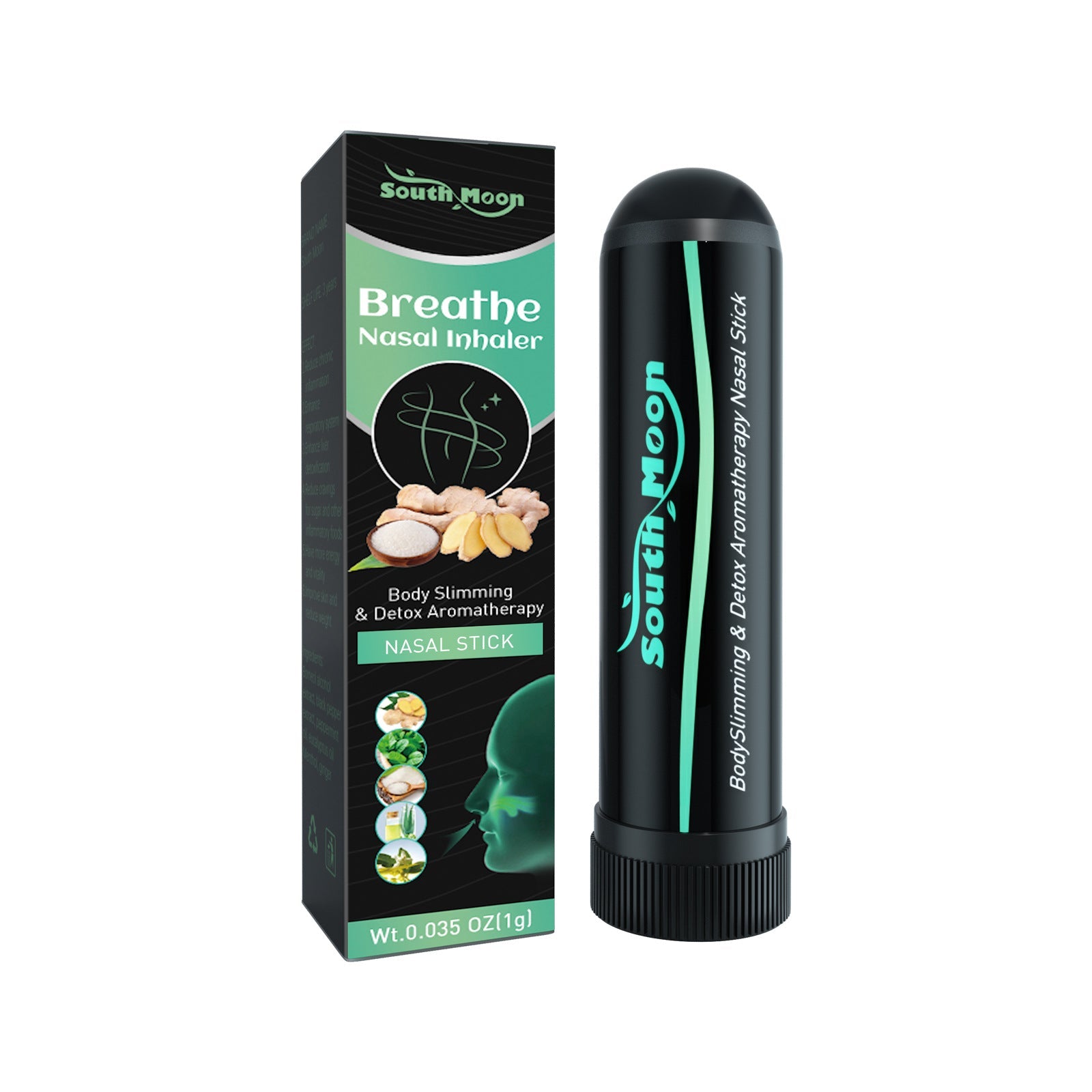 South Moon Breathe Nasal Inhaler stick displayed next to branded box packaging on white background