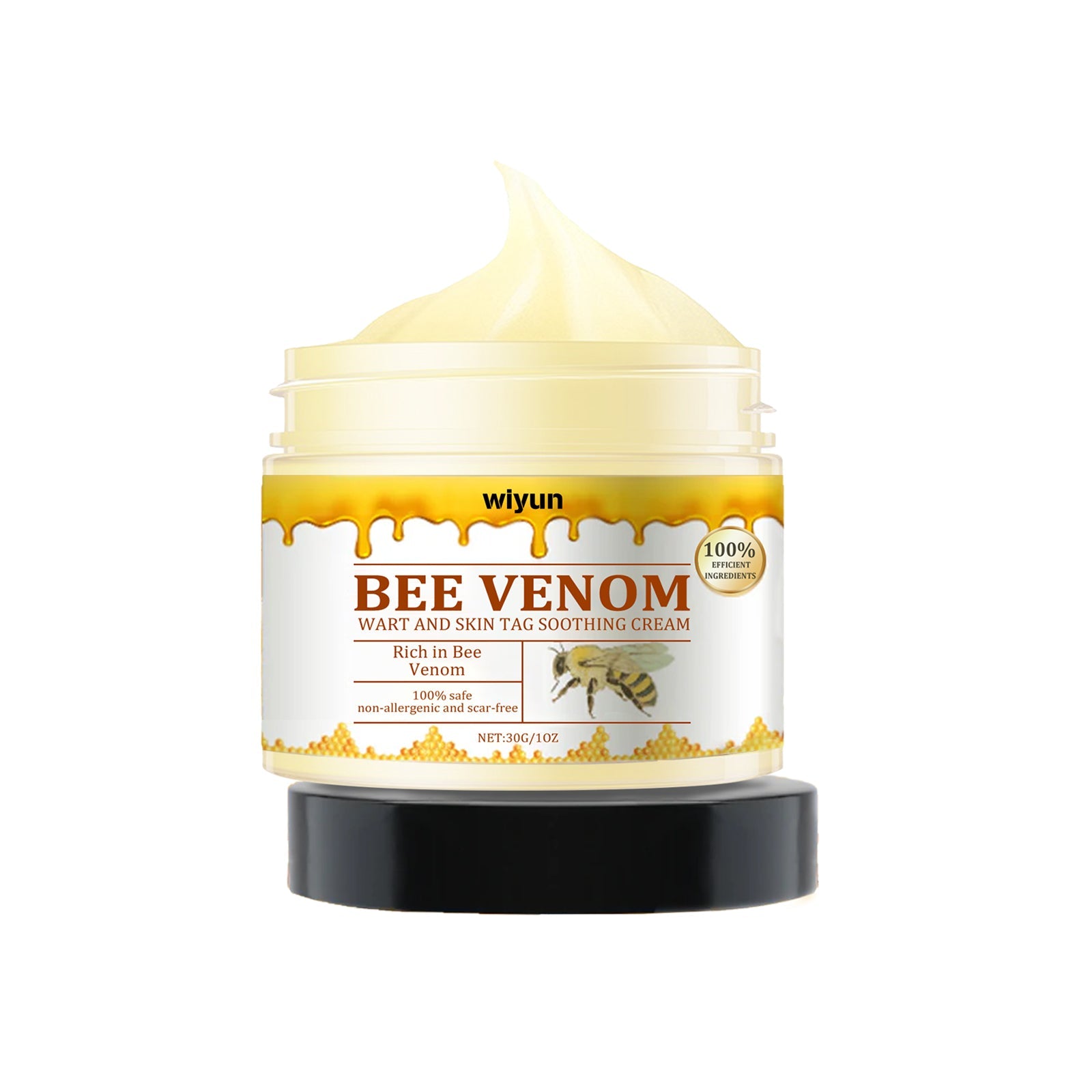 Wiyun Bee Venom Wart and Skin Tag Soothing Cream in glass jar with black cap, honey drip design visible on label
