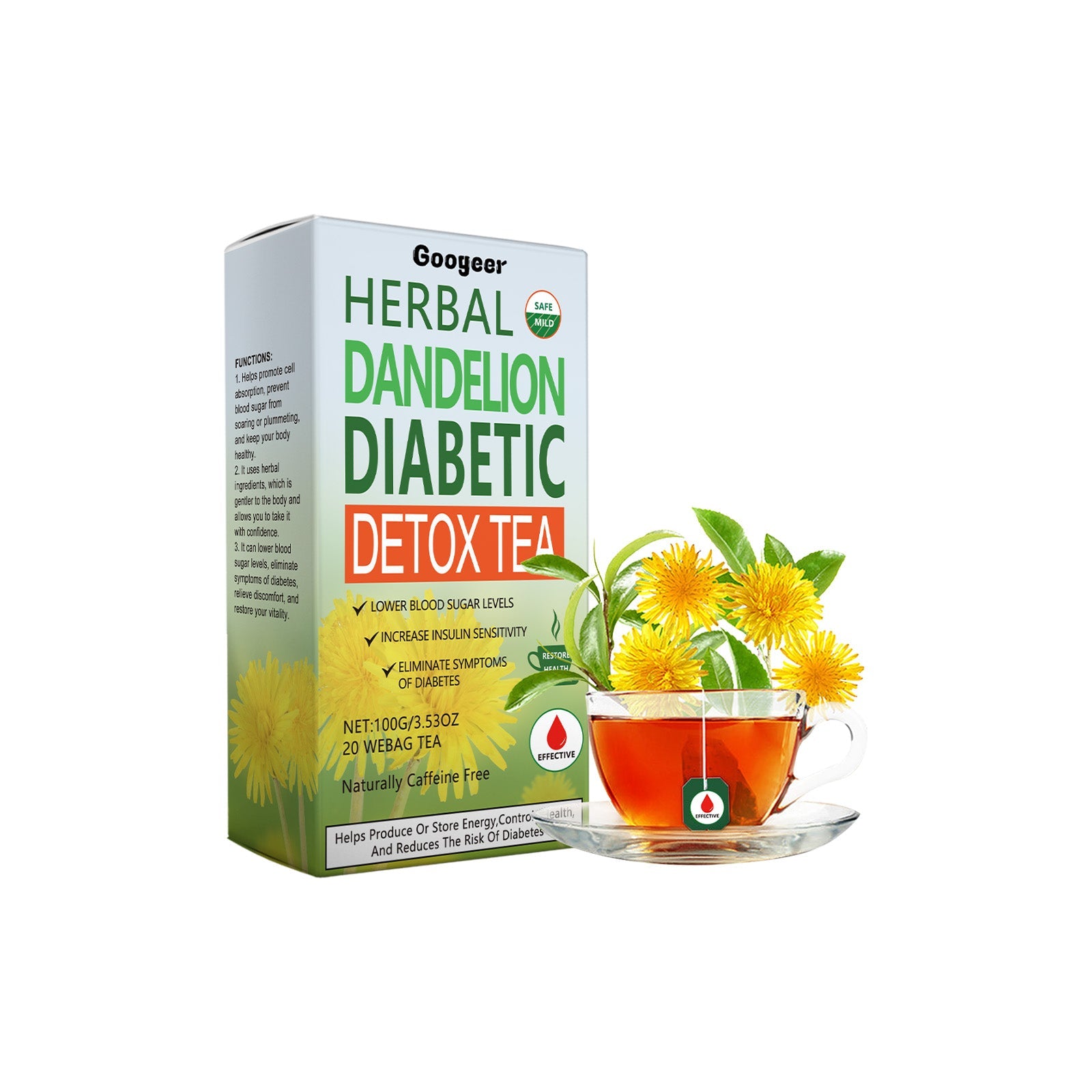 Googeer Herbal Dandelion Diabetic Detox Tea box with brewed tea in glass cup surrounded by fresh dandelion flowers