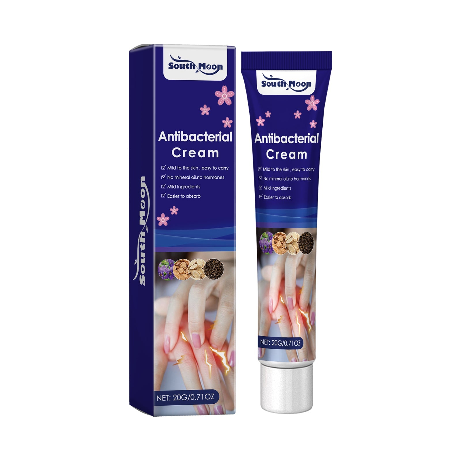Product shot of South Moon Antibacterial Cream box and tube against white background