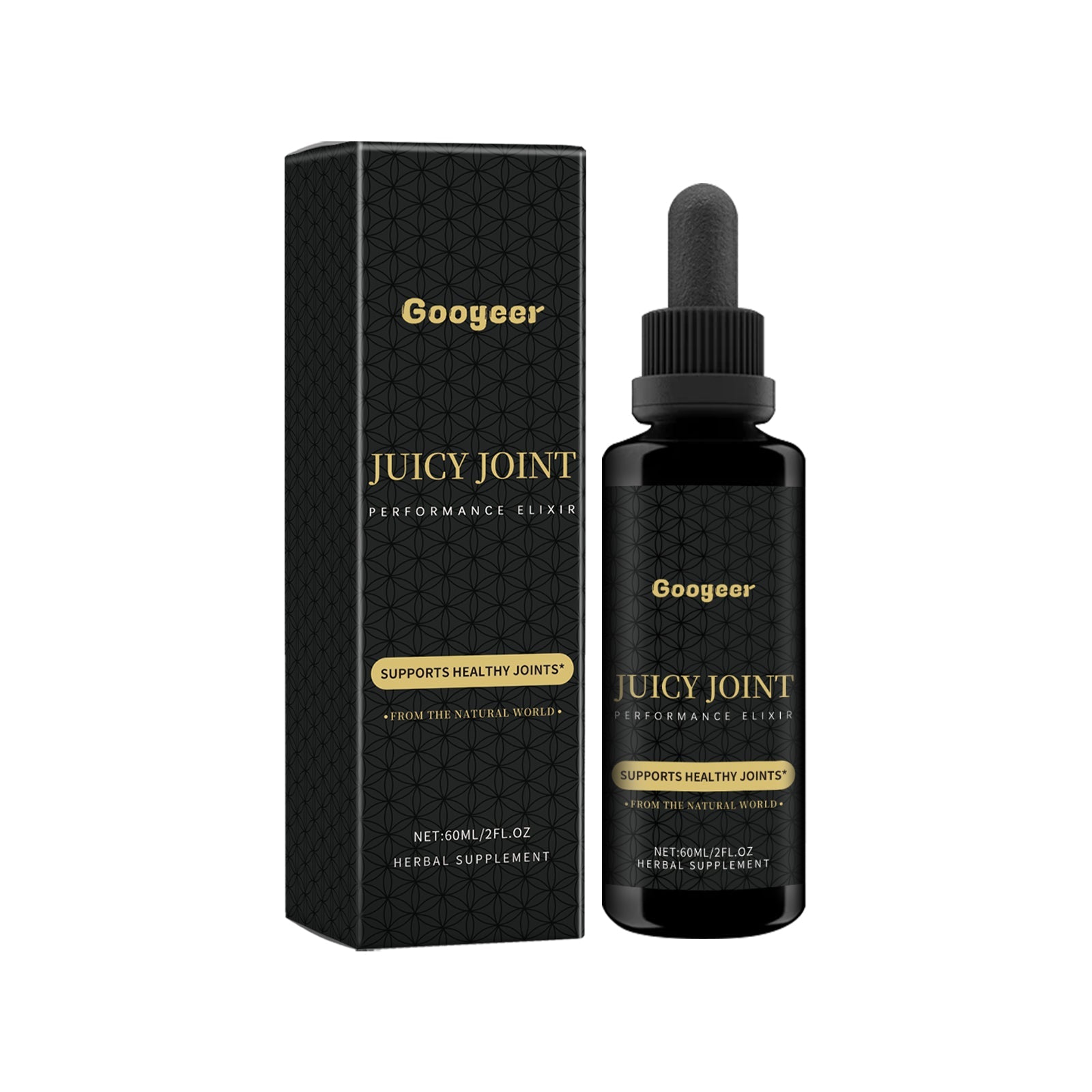 Product display with black geometric box and glass dropper bottle against white background