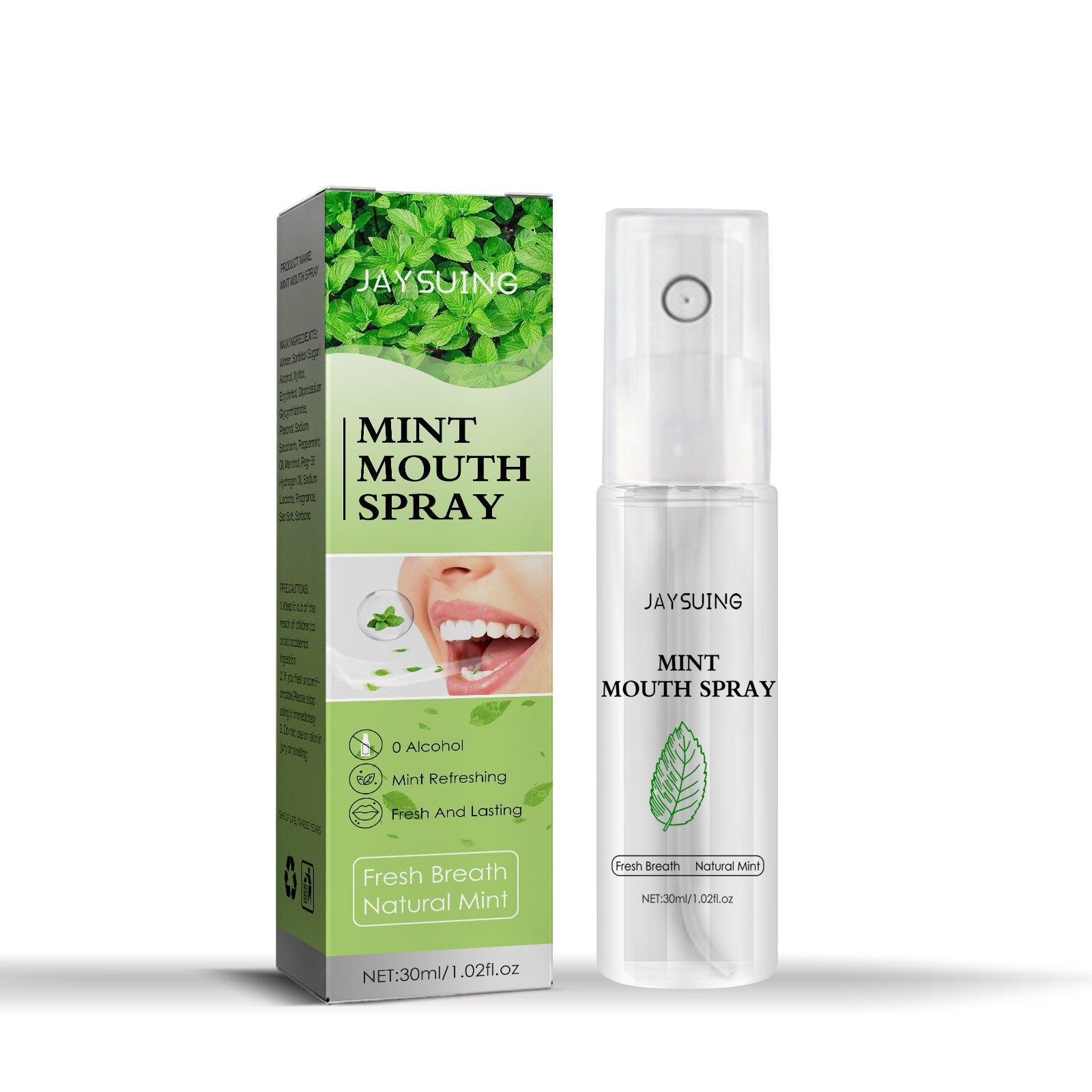 Product packaging box and spray bottle displayed together against white background
