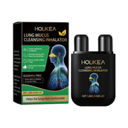 Product packaging and dual-chamber inhalator device against white background