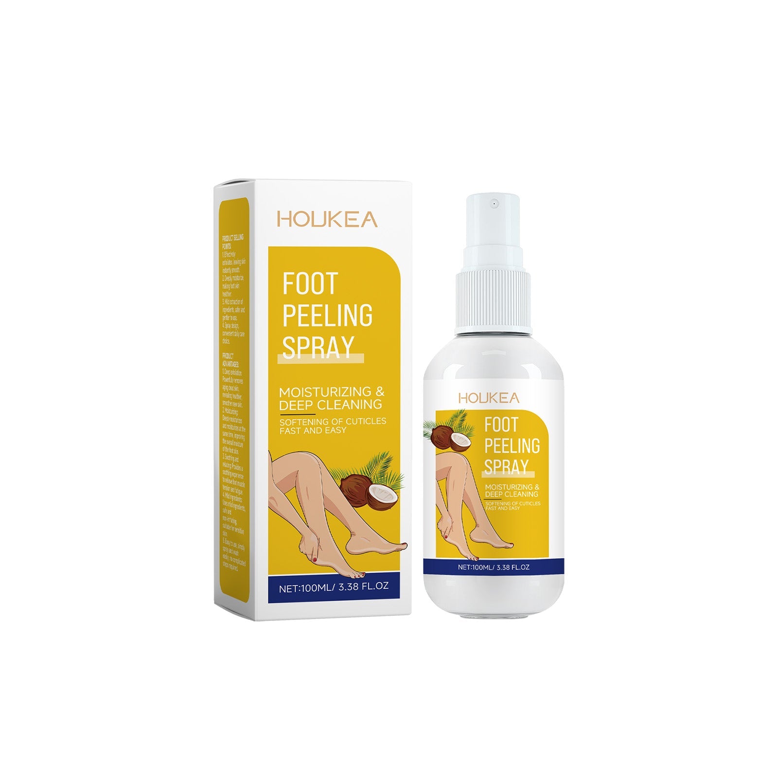 HOUKEA Foot Peeling Spray product duo: cardboard box and white spray bottle with yellow panel and coconut botanical illustration