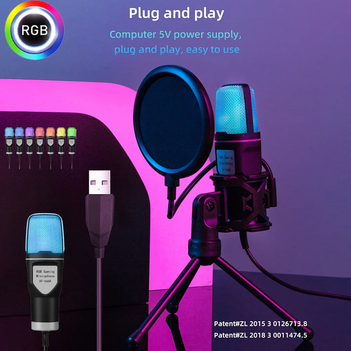 USB Gaming Microphone — 7-Color RGB Condenser Mic with Pop