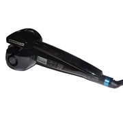 Black automatic hair curler with LCD display shown in side angle view