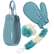 Complete 4-piece bath set with quilted storage bag, exfoliating mitts, mesh loofah, and rope