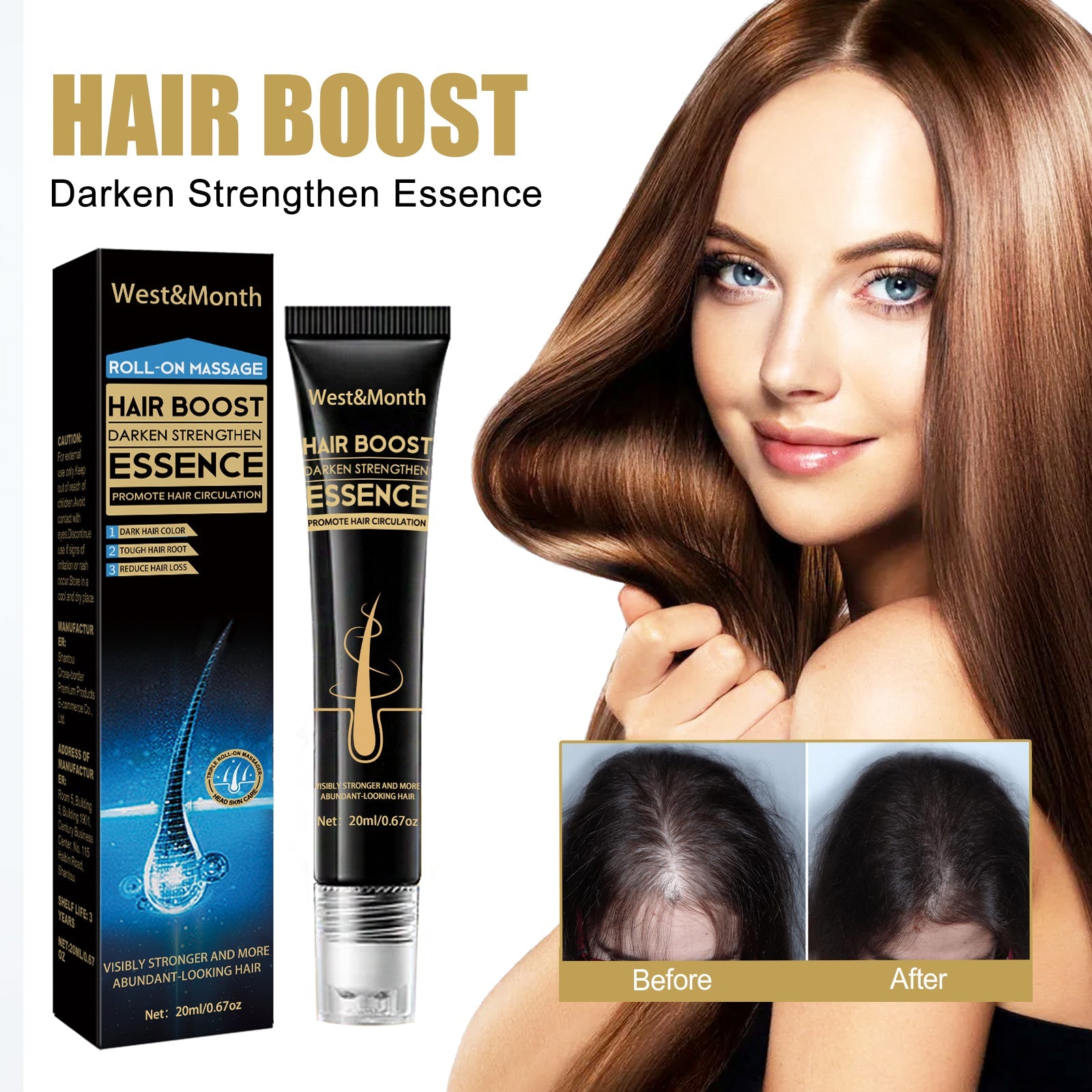 Woman with thick, healthy chocolate brown hair displaying product box and tube beside her, with before-and-after scalp comparison inset