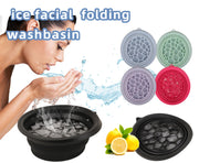 Woman splashing ice water on her face from the black foldable washbasin, surrounded by water droplets with the product shown in four color variants above