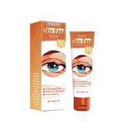 Product packaging and tube displayed side-by-side with eye illustration graphic showing mole removal focus
