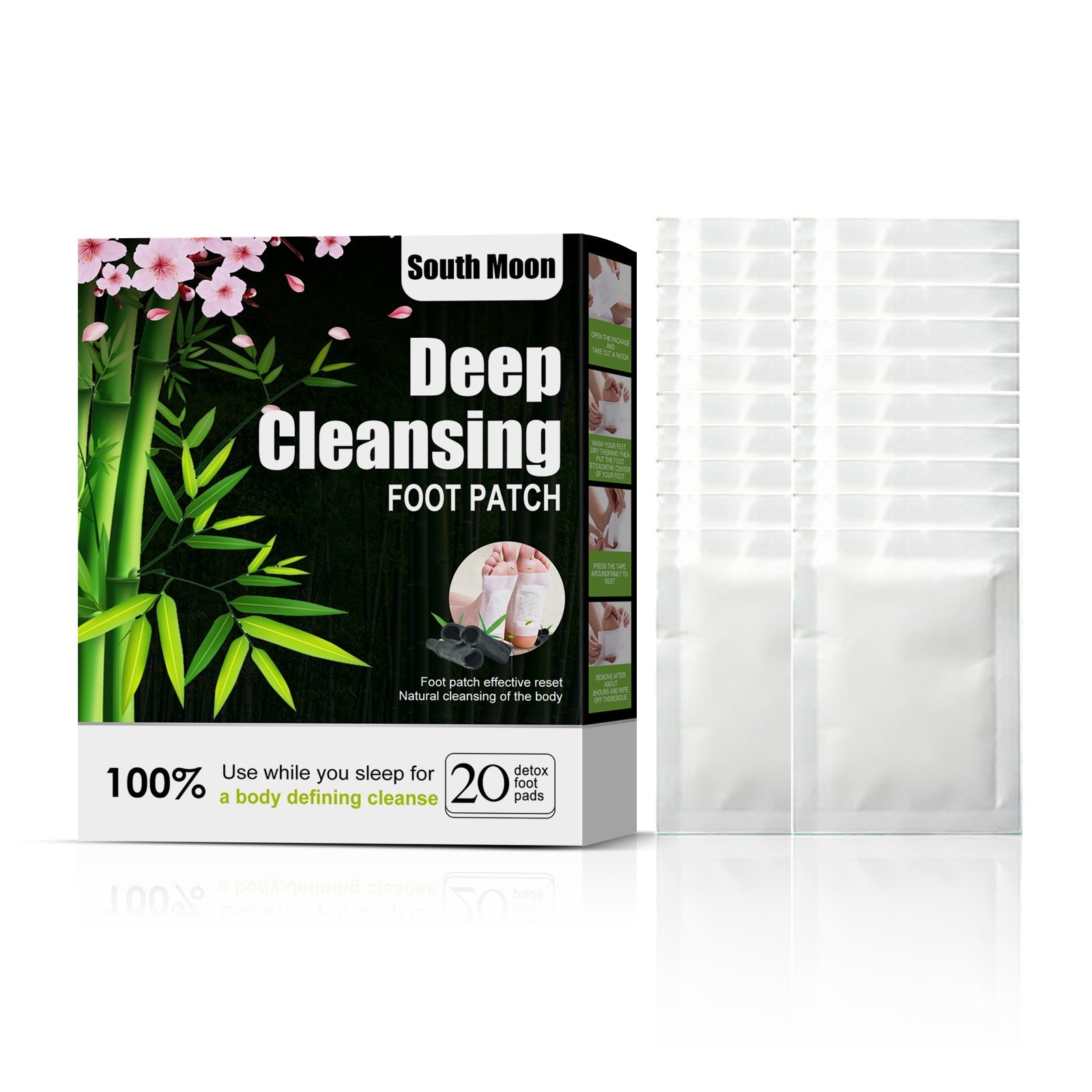 Woman peacefully sleeping in white bedding with two South Moon boxes positioned beside her; German text callouts listing natural ingredient benefits and sleep improvement claims