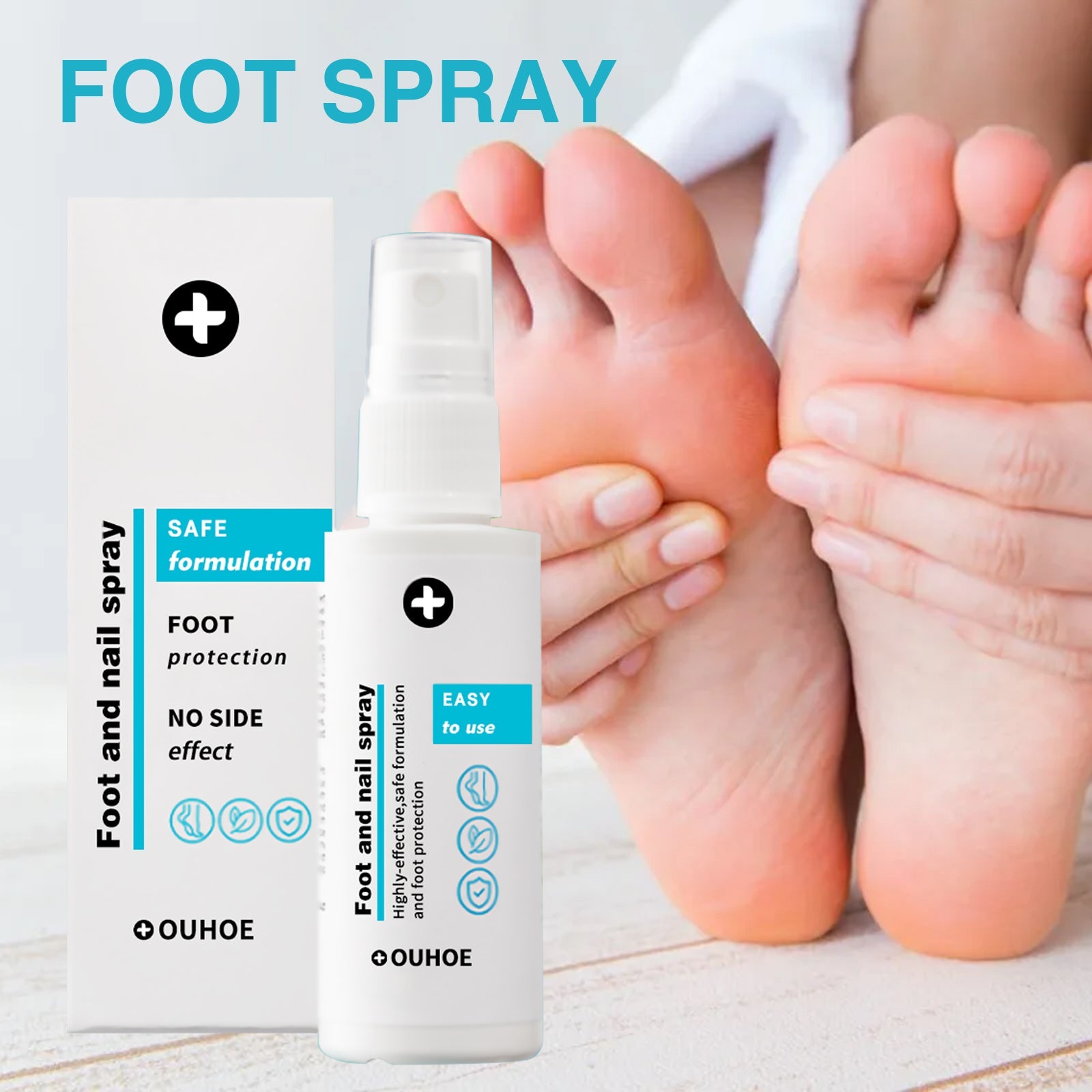 OUHOE foot spray bottle with outer carton displayed alongside healthy feet being held, demonstrating application and comfort