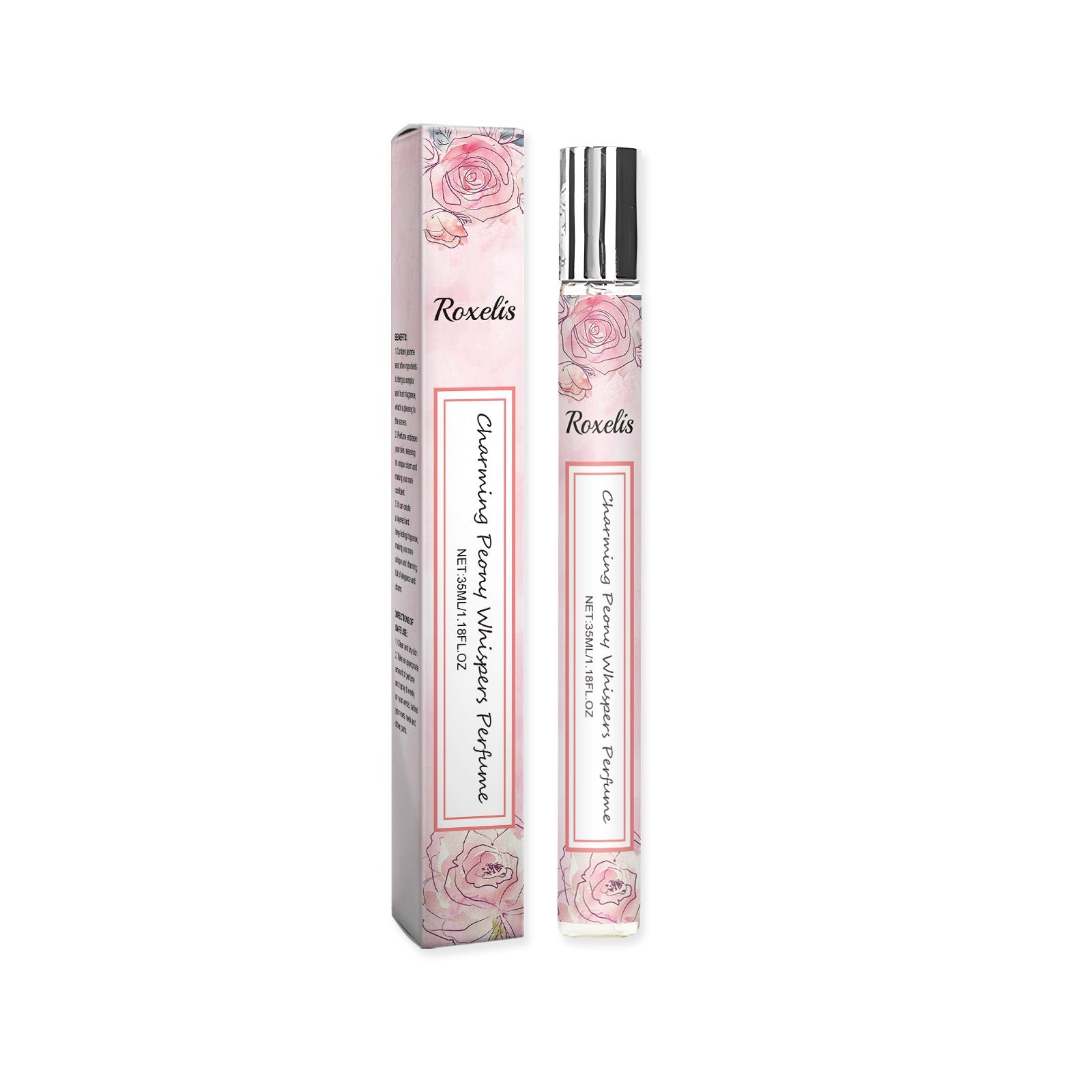 Product shot showing Roxelis fragrance bottle and outer box with peony rose illustrations in soft pink palette