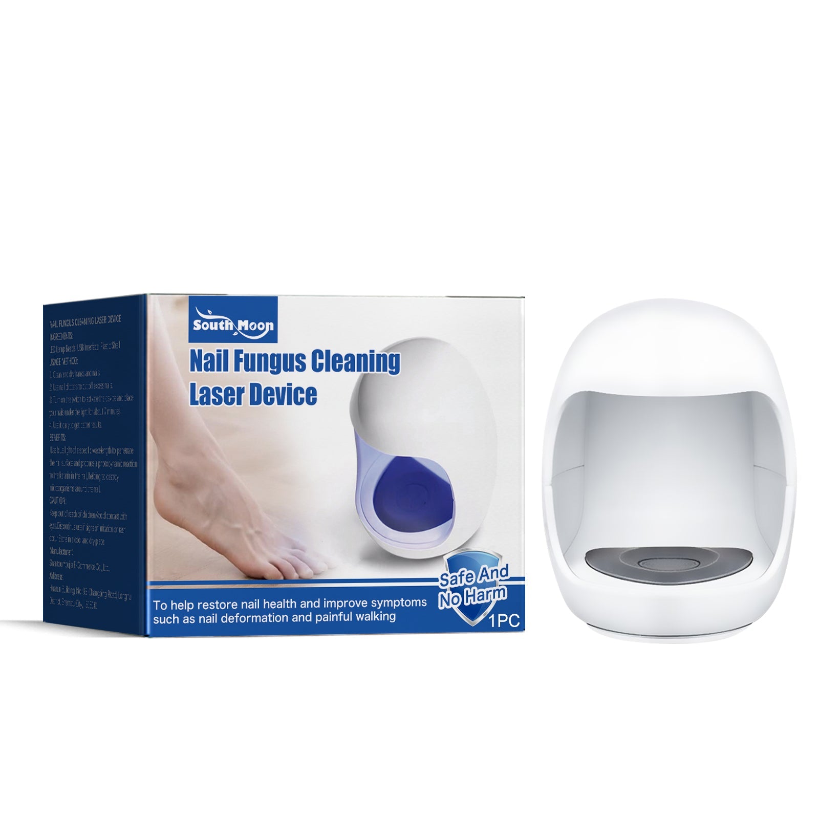 South Moon Nail Fungus Cleaning Laser Device packaging and white ergonomic device with blue accents