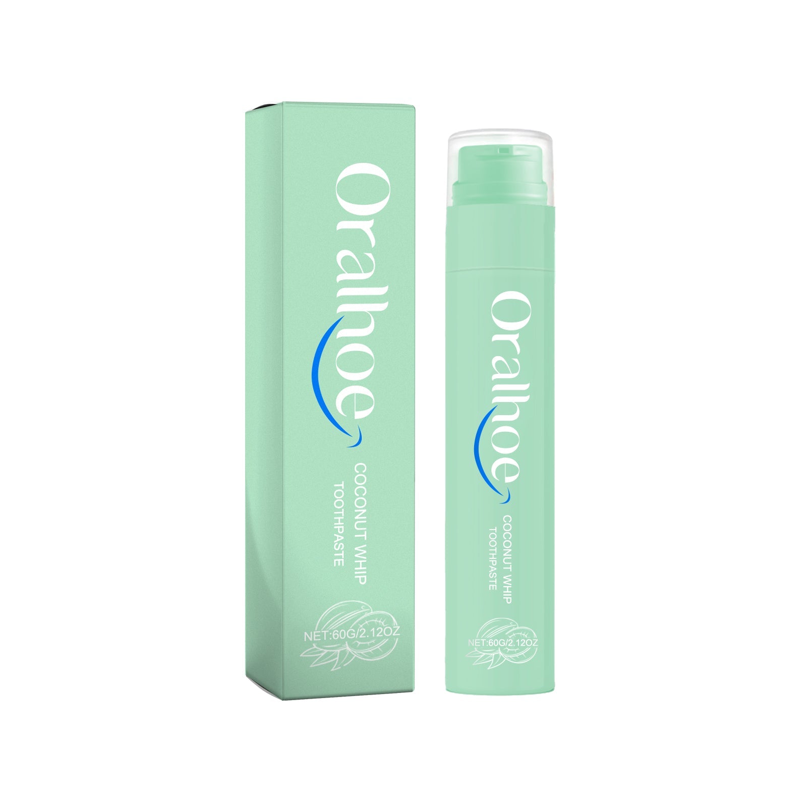 Coconut Whip Toothpaste in mint green with pump dispenser and matching box packaging