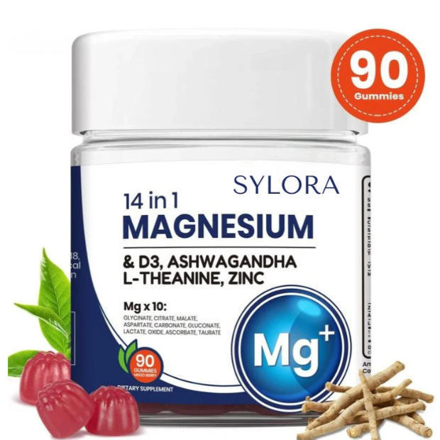 SYLORA 14-in-1 Magnesium gummy jar with 90-count badge, surrounded by ashwagandha root and raspberries