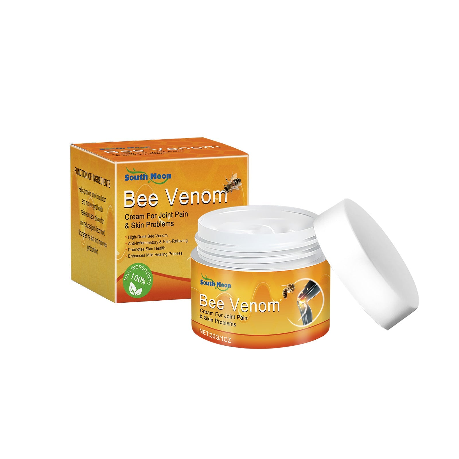Product display with South Moon Bee Venom cream jar opened, white cap removed, alongside golden packaging box showing full product branding and claims