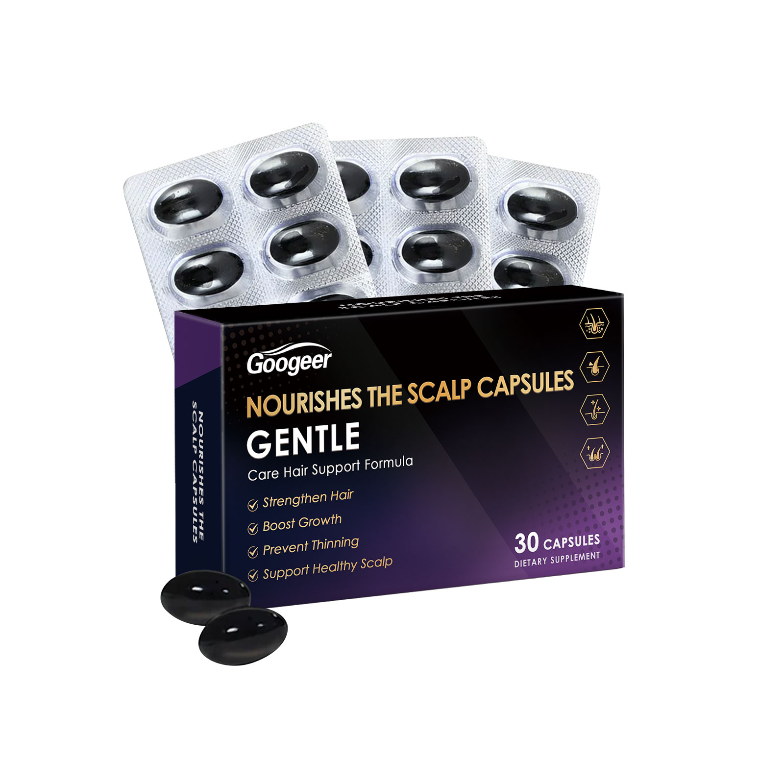 Googeer Gentle Hair Support Formula box with 30 capsule blister packs displayed, showing product packaging and capsule format