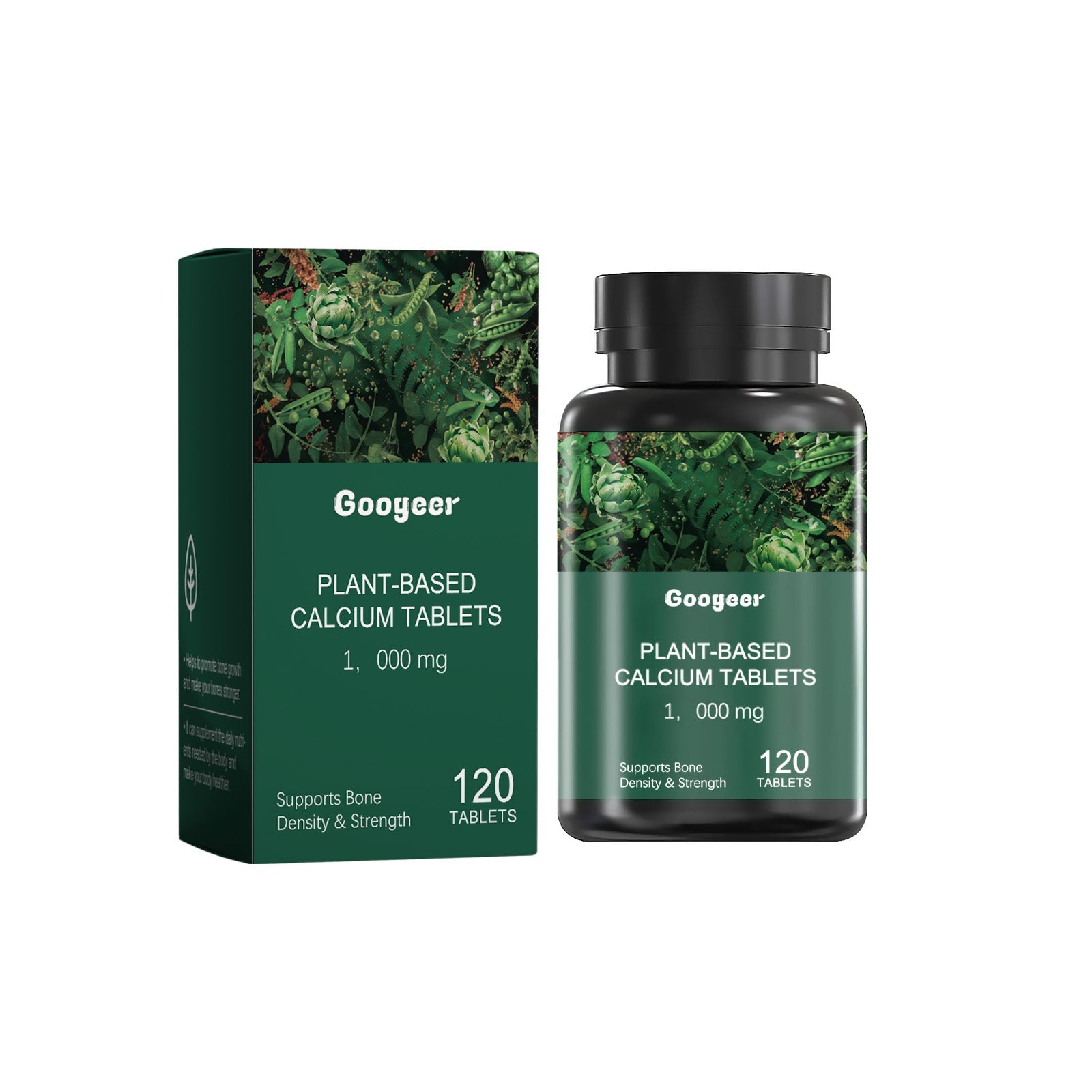 Googeer Plant-Based Calcium Tablets 1,000mg with packaging box and dark glass bottle side-by-side