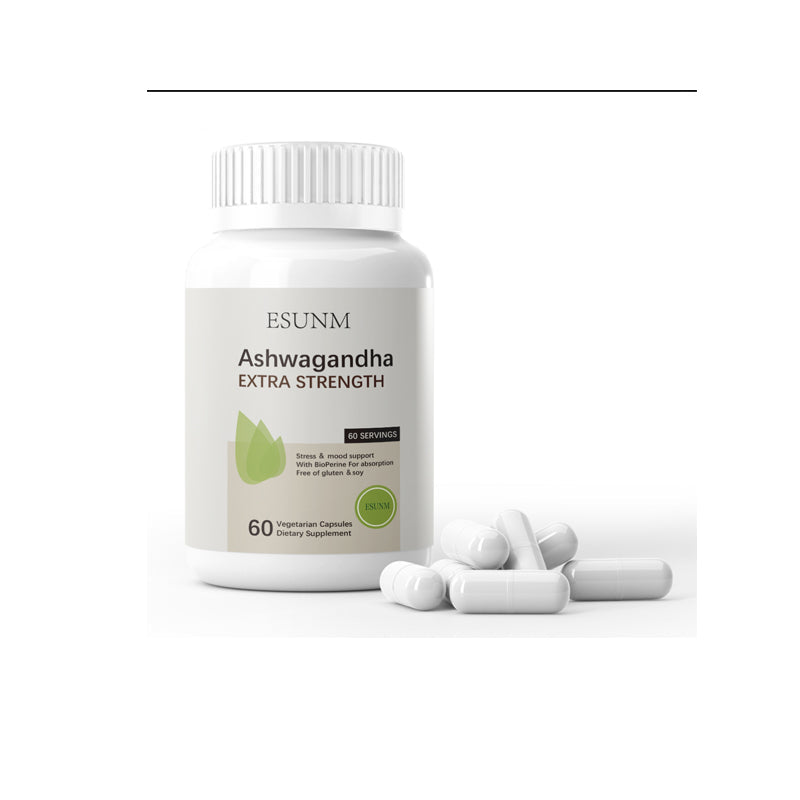 ESUNM Ashwagandha Extra Strength bottle with 60 white vegetarian capsules displayed beside it on white background