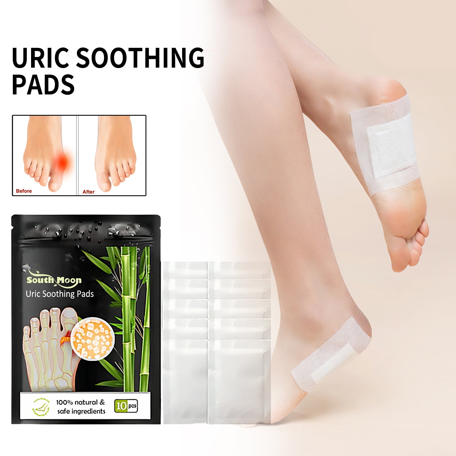 Uric Soothing Pads product lifestyle with before/after comparison and packaging displayed