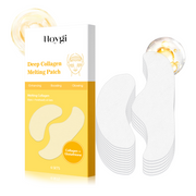 Hoygi Deep Collagen Melting Patch box with 6 sets displayed alongside two contoured gel patches showing golden essence bubbles
